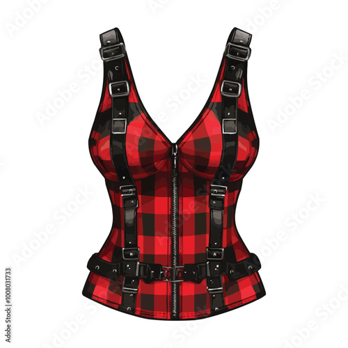 A red and black plaid bustier dress with zippers vector