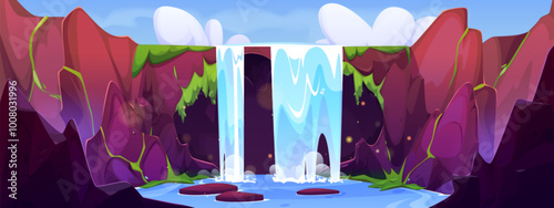 Tropical waterfall landscape. Vector cartoon illustration of beautiful scenery with fast river flow falling from rock covered with green moss, stone islands on lake water surface, dark fairytale cave
