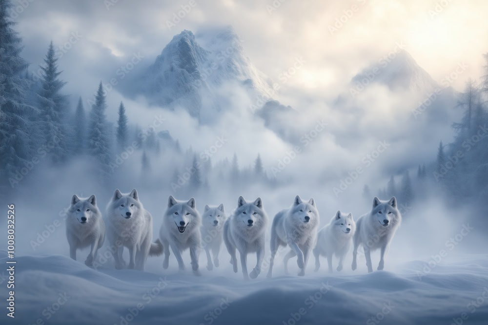 Wolves Mist Arctic Wolf Pack: Majestic white wolves emerge from the mist, their ...
