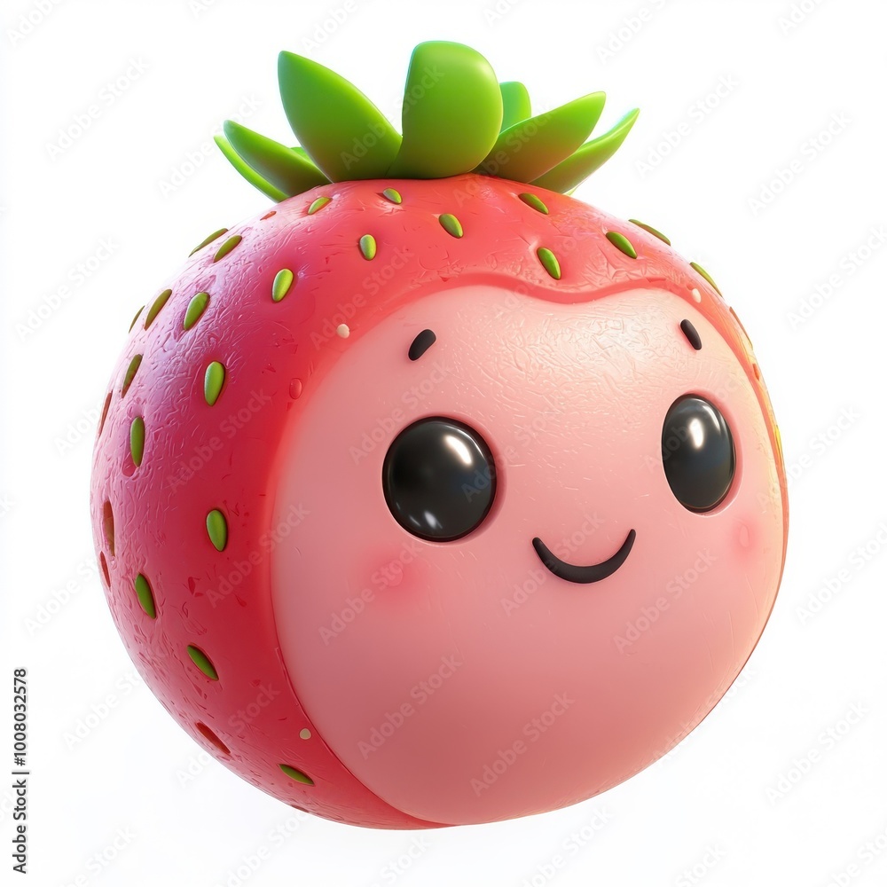 Fototapeta premium 3D cartoon character-style strawberry mochi, isolated on a white background, cute and playful.