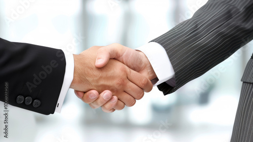 Two businessmen shaking hands in a modern office, symbolizing a successful merger and collaboration, professional handshake in corporate environment.