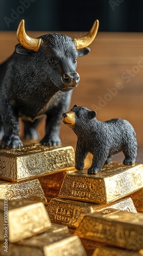 Bull and bear figurines on gold bars symbolize market trends and investment strategies in finance. photo