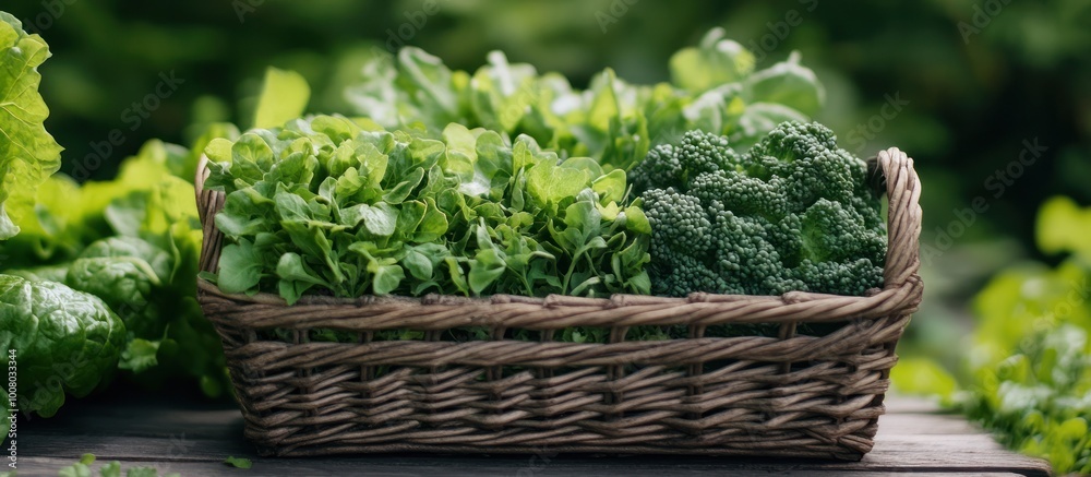Freshly harvested green leafy vegetables in a wicker basket on a wooden surface. Freshly harvested green leafy vegetables in a wicker basket on a wooden surface.