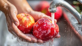 Fresh red apples being rinsed under water, showcasing vibrant colors and a healthy lifestyle in the kitchen.