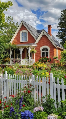 Charming brick house surrounded by vibrant flowers and a white picket fence under a beautiful sky, perfect for serene living.