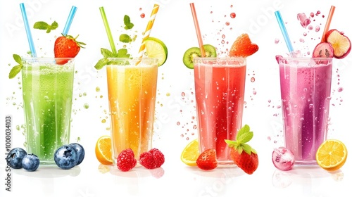 A delightful array of six vibrant, refreshing smoothies with unique flavors and straws are arranged in a 3x3 grid on a white background