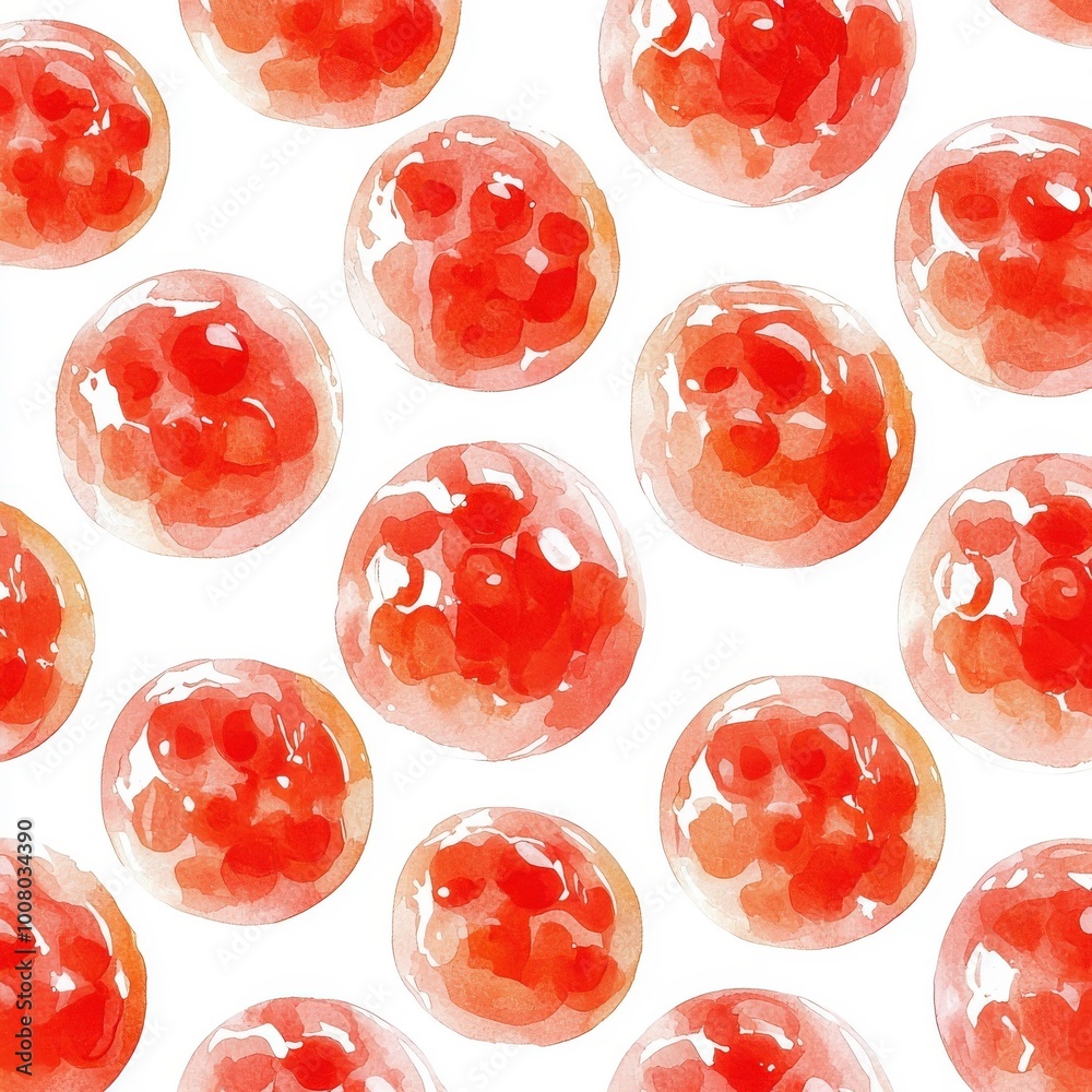 Fototapeta premium Watercolor seamless pattern of salmon roe, isolated on white background, featuring artistic designs and colors.