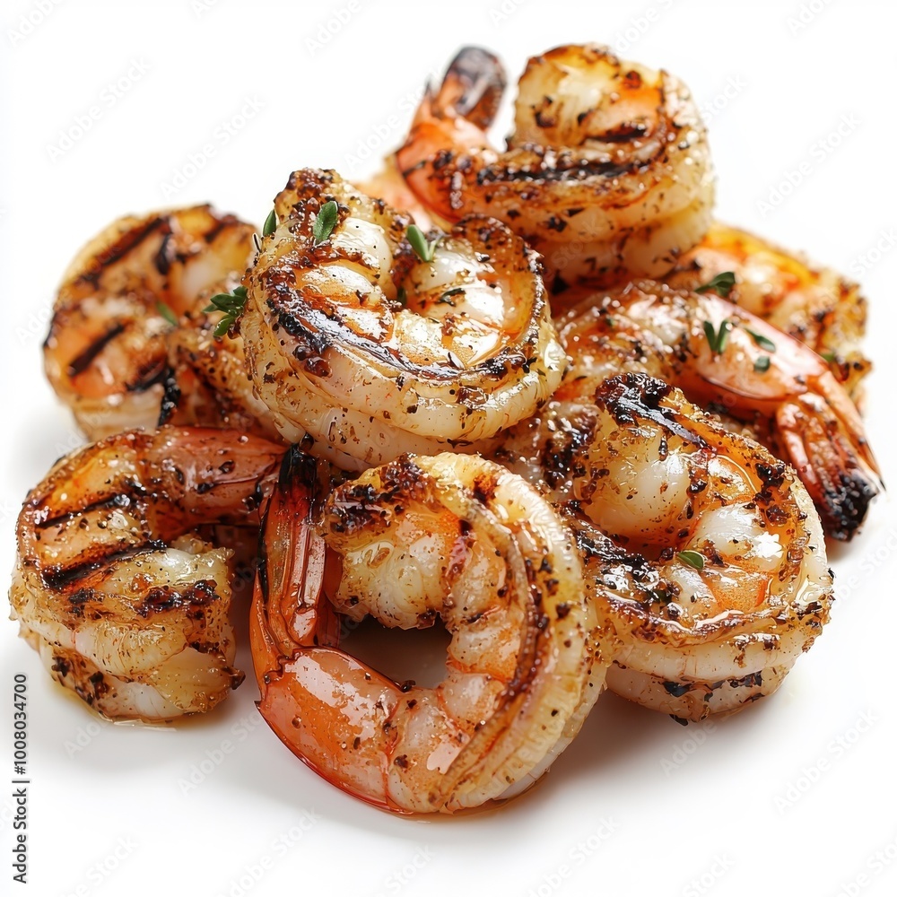 Grilled shrimp isolated on a white background, showcasing their charred grill marks and vibrant color, ready to be savored. Grilled shrimp isolated on a white background, showcasing their charred grill marks and vibrant color, ready to be savored.