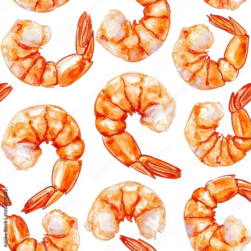 Watercolor seamless pattern featuring grilled shrimp, isolated on a white background, showcasing artistic designs with rich colors. Watercolor seamless pattern featuring grilled shrimp, isolated on a white background, showcasing artistic designs with rich colors.