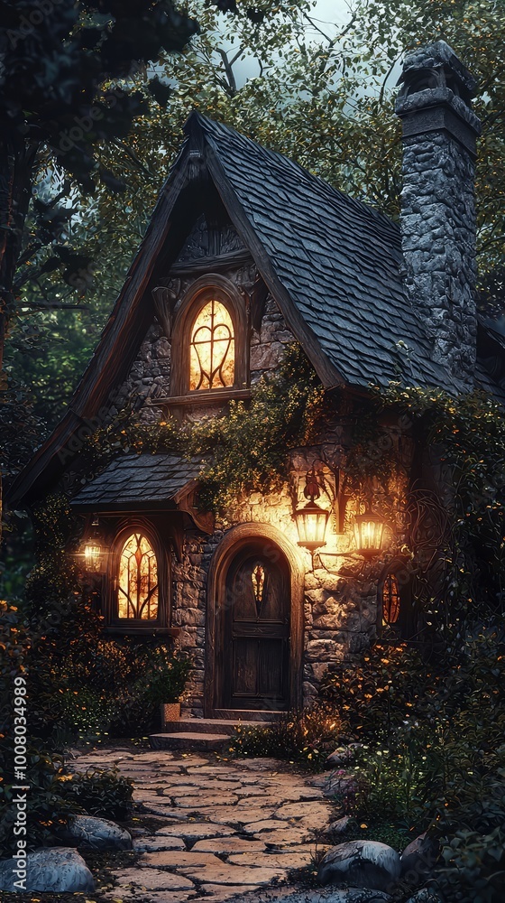 Obraz premium Charming cottage illuminated by warm lights, nestled in a lush forest. Ideal for whimsical or fairy tale themes.