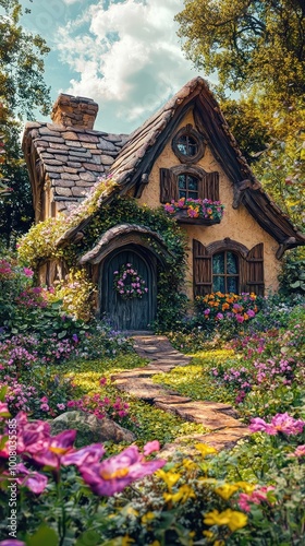 Charming cottage surrounded by vibrant flowers and lush greenery, inviting a sense of tranquility and fairy-tale magic.