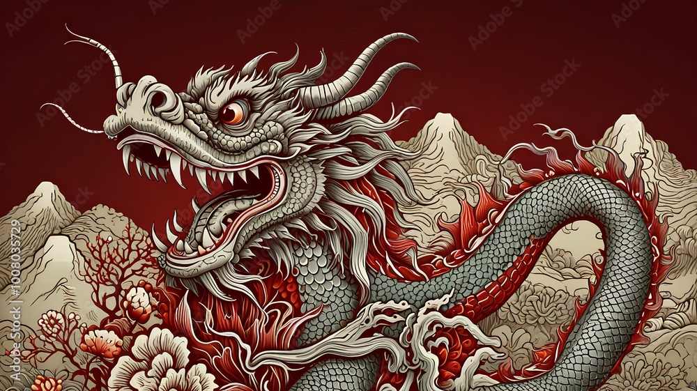 Fototapeta premium Traditional Chinese dragon engraving illustration. Chinese year of the dragon.