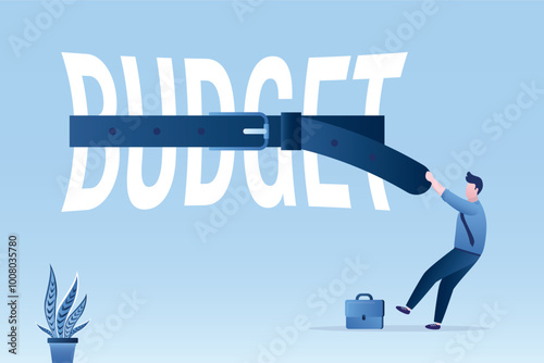 Consumer in tight hard budget saving mode. Saving money, Businessman use belts tighten budget word. Money management, economy concept. Motivational banner.