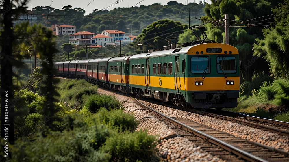 Fototapeta premium Um trem se aproximando com uma paisagem urbana movimentada ao fundo capturado em plano aberto com lente telefoto.