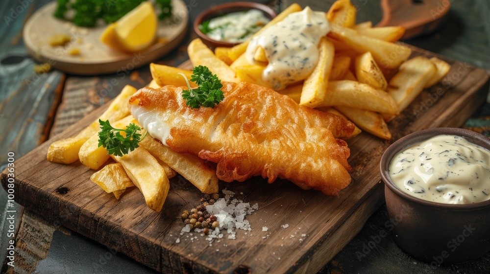 Crispy Fish and Chips on Wooden Board with Tartar Sauce Crispy Fish and Chips on Wooden Board with Tartar Sauce