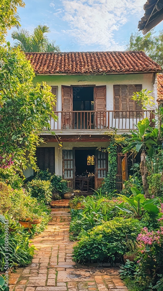 Charming house surrounded by lush greenery and vibrant flowers, creating a serene and inviting atmosphere in the garden. Charming house surrounded by lush greenery and vibrant flowers, creating a serene and inviting atmosphere in the garden.
