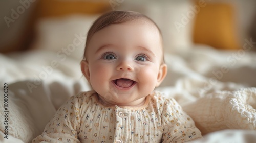 Happy baby smiling on soft bedding, exuding joy and innocence.