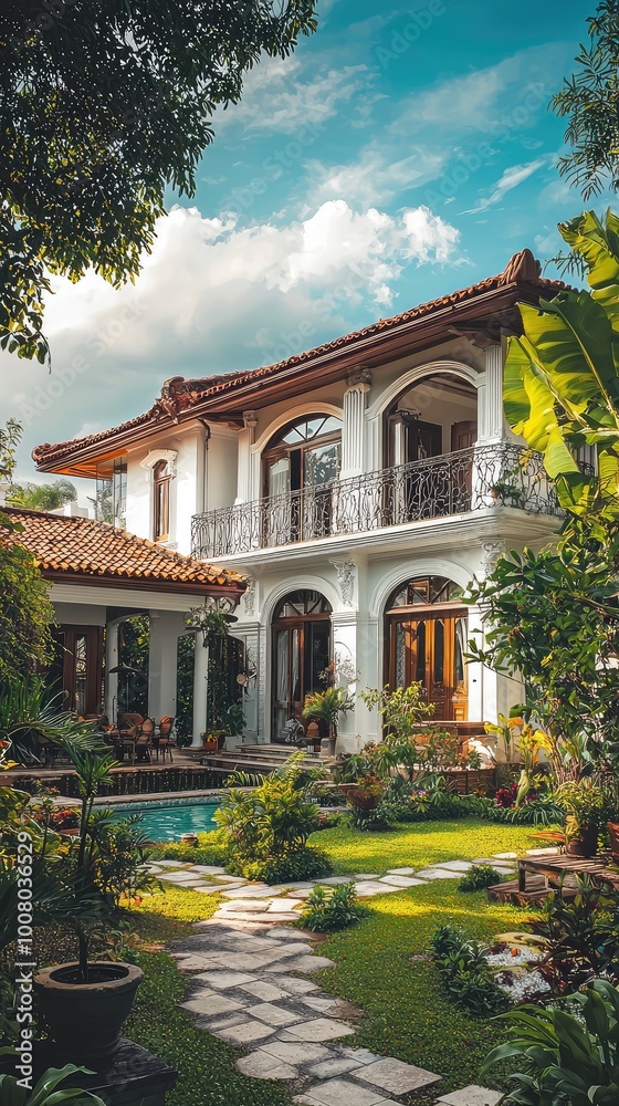 Fototapeta premium Charming house with lush garden, elegant architecture, and inviting outdoor space, perfect for relaxation and outdoor living.