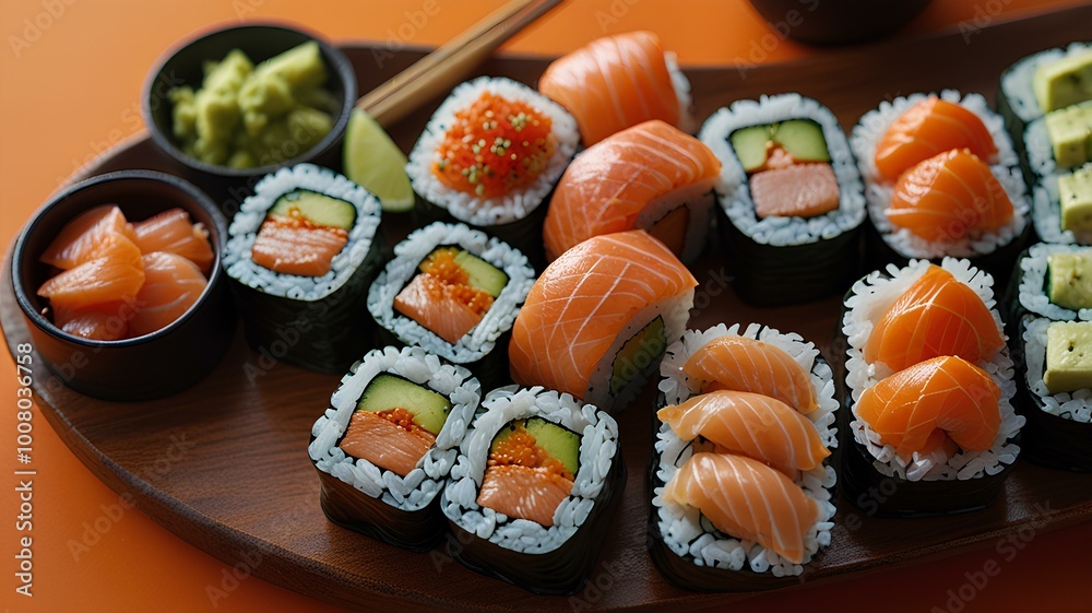 Vibrant sushi platter featuring salmon nigiri and maki rolls set against a striking orange backdrop. Vibrant sushi platter featuring salmon nigiri and maki rolls set against a striking orange backdrop.
