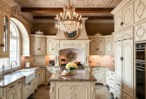 Vintage Glamour A kitchen with ornate cabinetry crystal chandeli photo