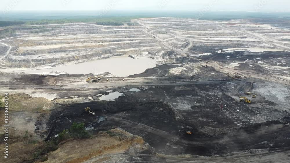 Aerial view panorama of open pit coal mining, dumper, extractive industry excavation, very large mine. Big Yellow Mining Truck Aerial view panorama of open pit coal mining, dumper, extractive industry excavation, very large mine. Big Yellow Mining Truck