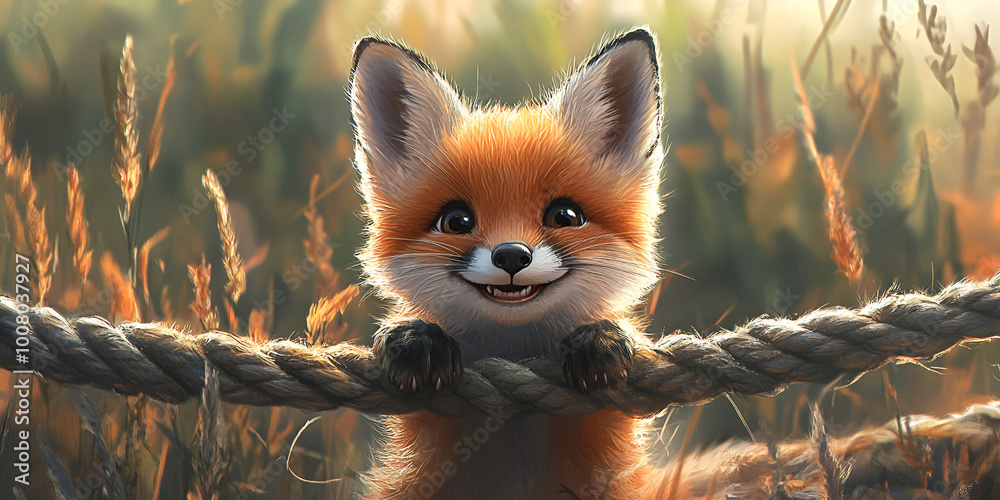 Obraz premium Smiling Fox Clinging to a Rope in the Wild