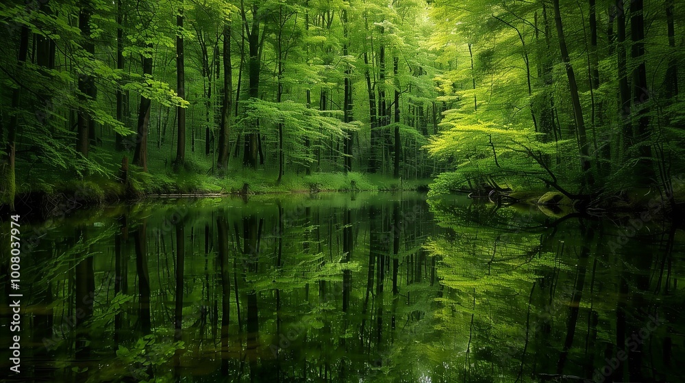 A lush forest mirrored perfectly in a clear pond. A lush forest mirrored perfectly in a clear pond.