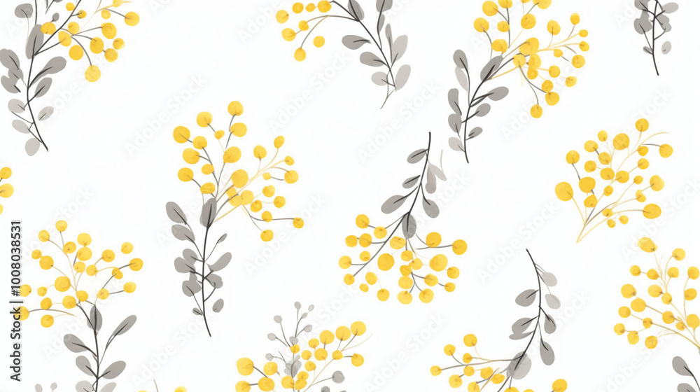 Simple small yellow and grey floral pattern on a white background, with small flowers and leaves in a seamless repeating pattern. Simple small yellow and grey floral pattern on a white background, with small flowers and leaves in a seamless repeating pattern.