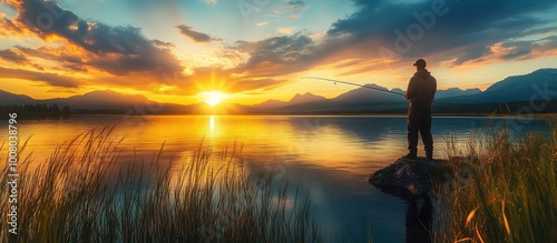 Fototapeta Naklejka Na Ścianę i Meble -  Silhouette of a man fishing at sunset on a lake with mountains in the background.