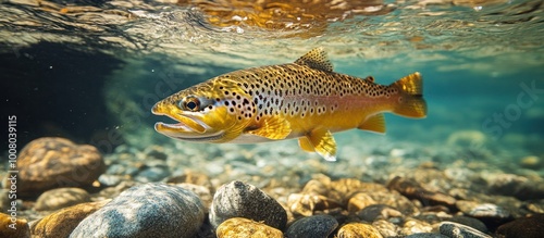 A brown trout swims through clear water with smooth stones in the background. photo