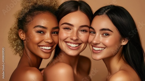 Beauty, diversity and portrait of women happy with makeup for cosmetic skincare isolated in studio brown background. Skin, aesthetic and young friends together for self care, dermatology and support