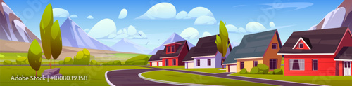 Suburban or village street with road and yards, rocky mountains and field under blue sunny sky. Cartoon vector suburb summer or spring landscape with cottages near hills and meadow, trees and bushes.