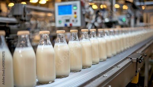 A production line featuring glass bottles filled with milk, showcasing an automated bottling process in a factory setting.