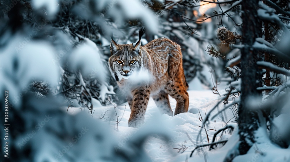 A lynx stalking through a snowy forest at dusk. A lynx stalking through a snowy forest at dusk.