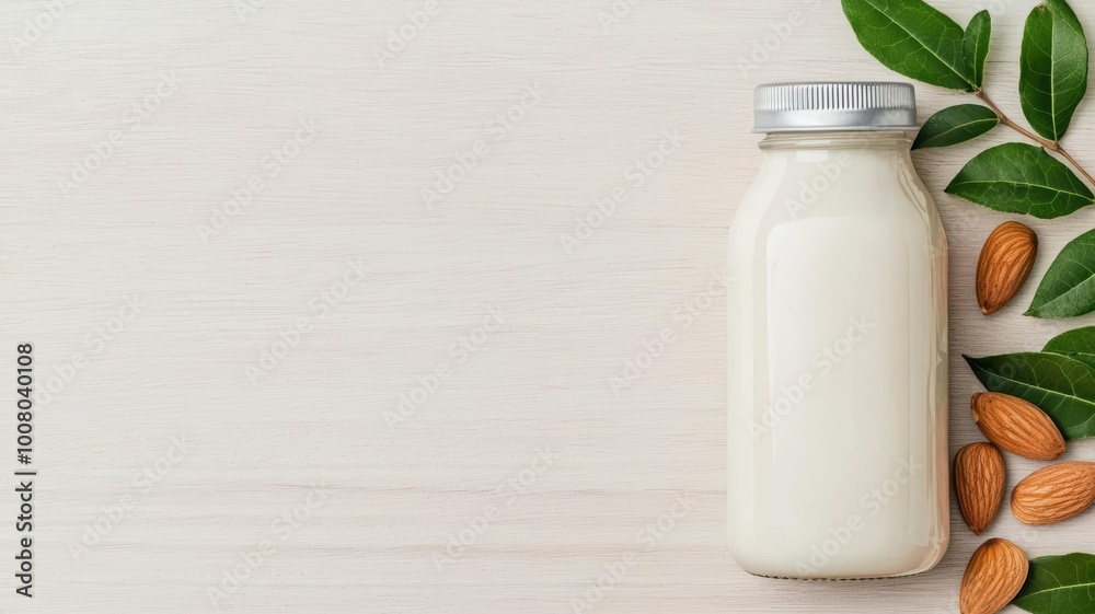 Handcrafted almond milk bottle with a handmade label, placed on a wooden table next to fresh almonds and green leaves, almond milk, artisan organic Handcrafted almond milk bottle with a handmade label, placed on a wooden table next to fresh almonds and green leaves, almond milk, artisan organic