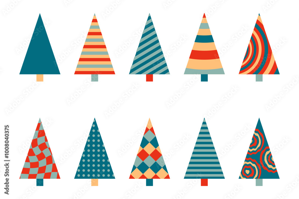 Geometric Christmas trees ornament clipart collection. Perfect for banner, flyer, label, postcard, sale, stickers. Isolated vector illustration. Geometric Christmas trees ornament clipart collection. Perfect for banner, flyer, label, postcard, sale, stickers. Isolated vector illustration.
