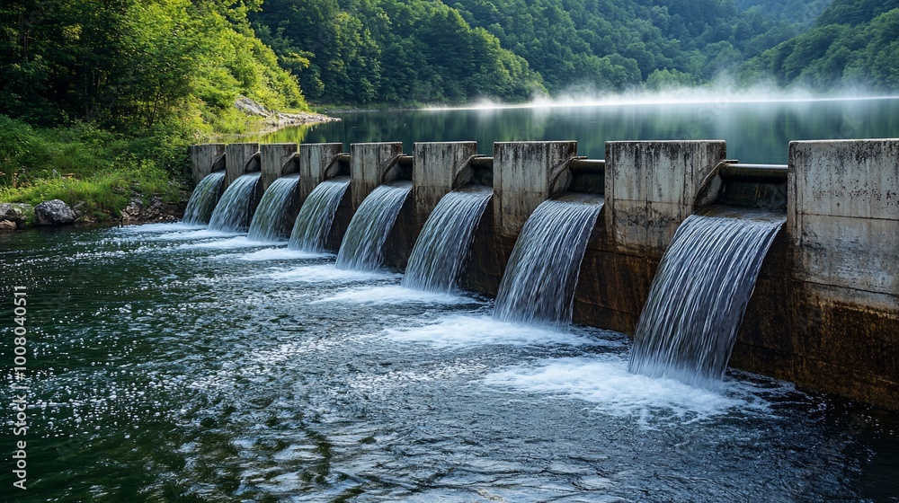 Water flowing over a dam in a tranquil setting with misty mountains in the background. Water flowing over a dam in a tranquil setting with misty mountains in the background.