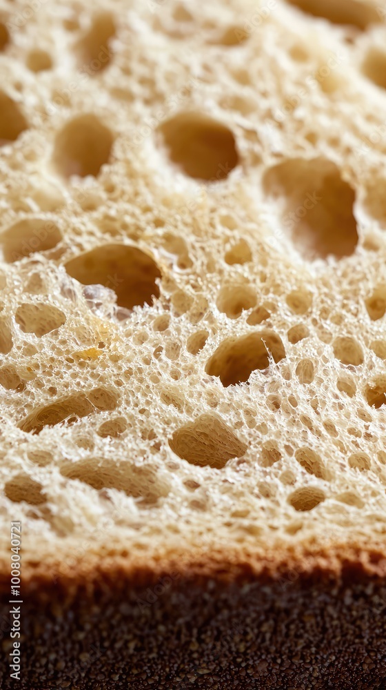 Close-up view of a fresh slice of bread showcasing its airy texture and golden crust, highlighting its delicious, fluffy interior. Close-up view of a fresh slice of bread showcasing its airy texture and golden crust, highlighting its delicious, fluffy interior.