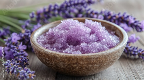 Close up of a bowl filled with lavender sugar scrub on a table showcasing lavender flowers for relaxing self-care moments