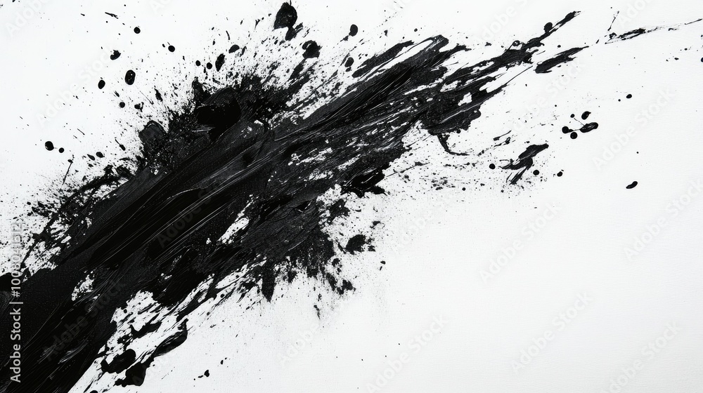 Grimy black brushstrokes and splashes on a white surface, rough and expressive Grimy black brushstrokes and splashes on a white surface, rough and expressive