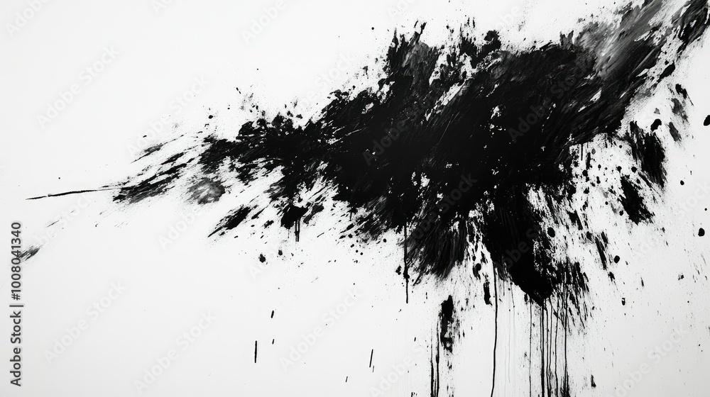 Grimy black brushstrokes and splashes on a white surface, rough and expressive Grimy black brushstrokes and splashes on a white surface, rough and expressive