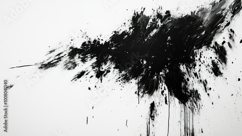 Grimy black brushstrokes and splashes on a white surface, rough and expressive