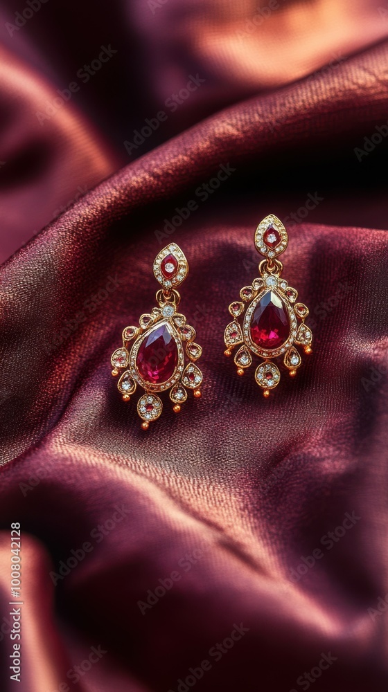 Obraz premium Elegant ruby earrings on a rich burgundy satin cloth, with a maroon-to-gold gradient background and faint flickers of diya lights, Copy space, happy Diwali background, traditional, Indian festival