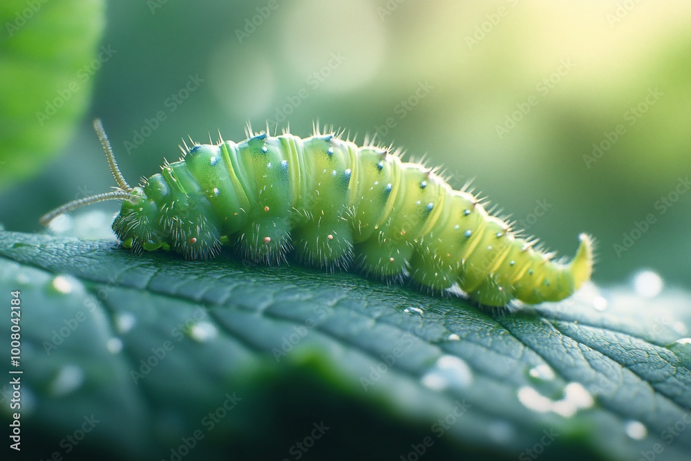Naklejka premium A green caterpillar crawls on a leaf with dew drops.