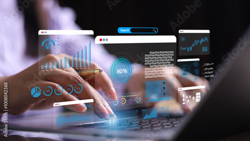 Businesswoman using computer for development and Analytics Data technology management System for report marketing strategy planning. graph analysis and information on a futuristic virtual screen. photo