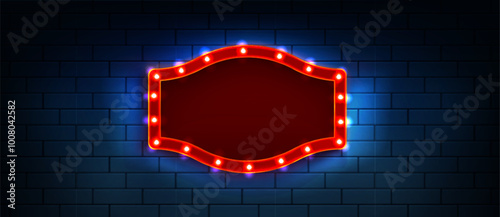 Red retro sign board with glowing light bulb frame on dark blue brock wall. Realistic 3d vector vintage circus pr cinema announcement marquee border. Casino or theater show time blank signage box.