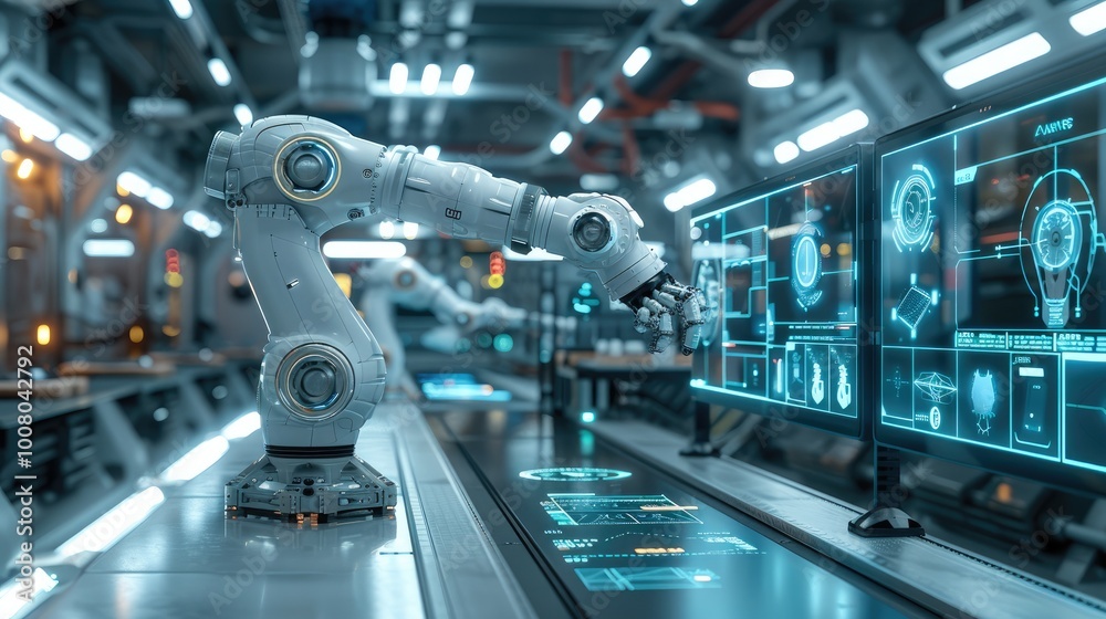 A sleek, modern industrial environment showing a futuristic factory floor with advanced robotic arms and AI-driven interfaces displayed on transparent screens. A sleek, modern industrial environment showing a futuristic factory floor with advanced robotic arms and AI-driven interfaces displayed on transparent screens.