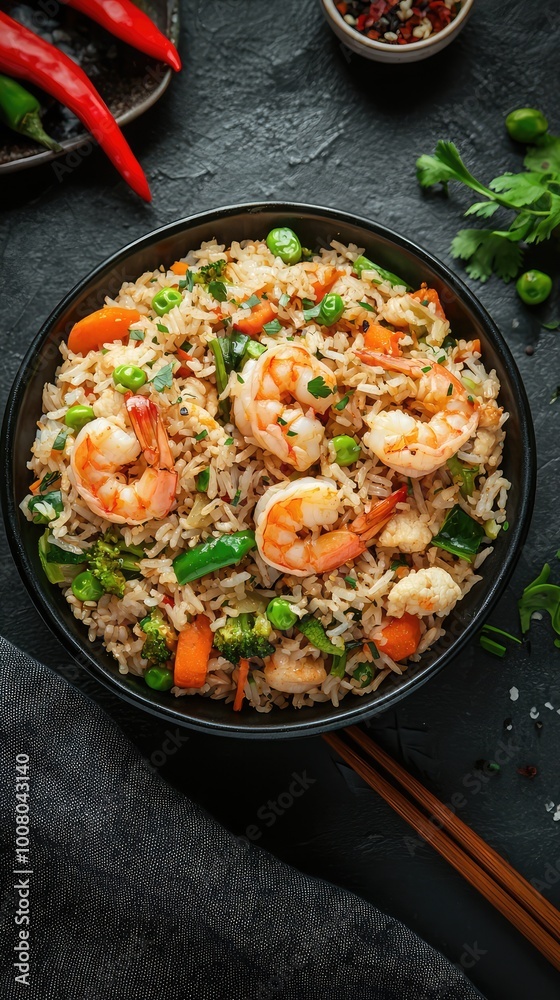 Delicious shrimp fried rice served in a black bowl with colorful vegetables and garnished with green onions. Delicious shrimp fried rice served in a black bowl with colorful vegetables and garnished with green onions.