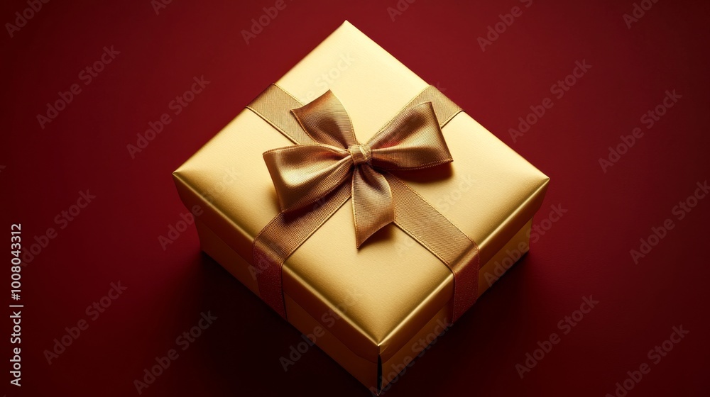 Fototapeta premium A luxurious gold gift box with an elegant satin ribbon on a deep red background