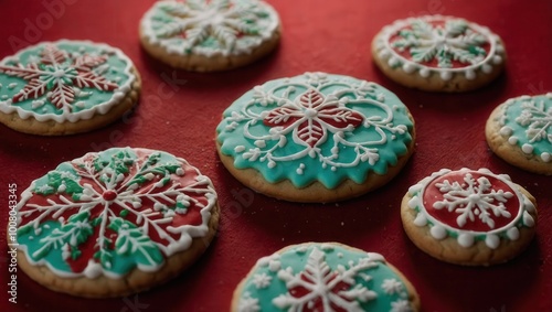 Round holiday-themed cookies with festive patterns in red and green frosting on a table